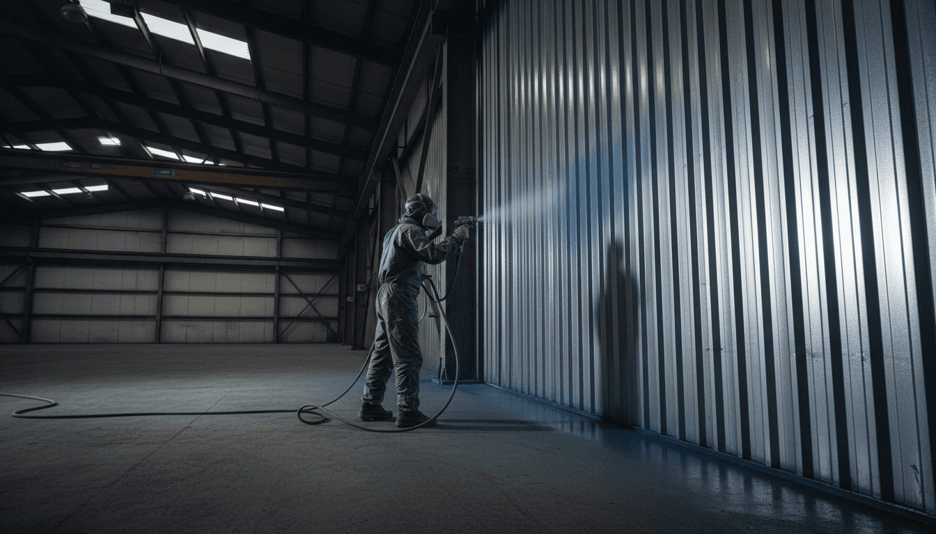 Industrial documentary aesthetic wide shot of a commercial painter using advanced electrostatic spray equipment