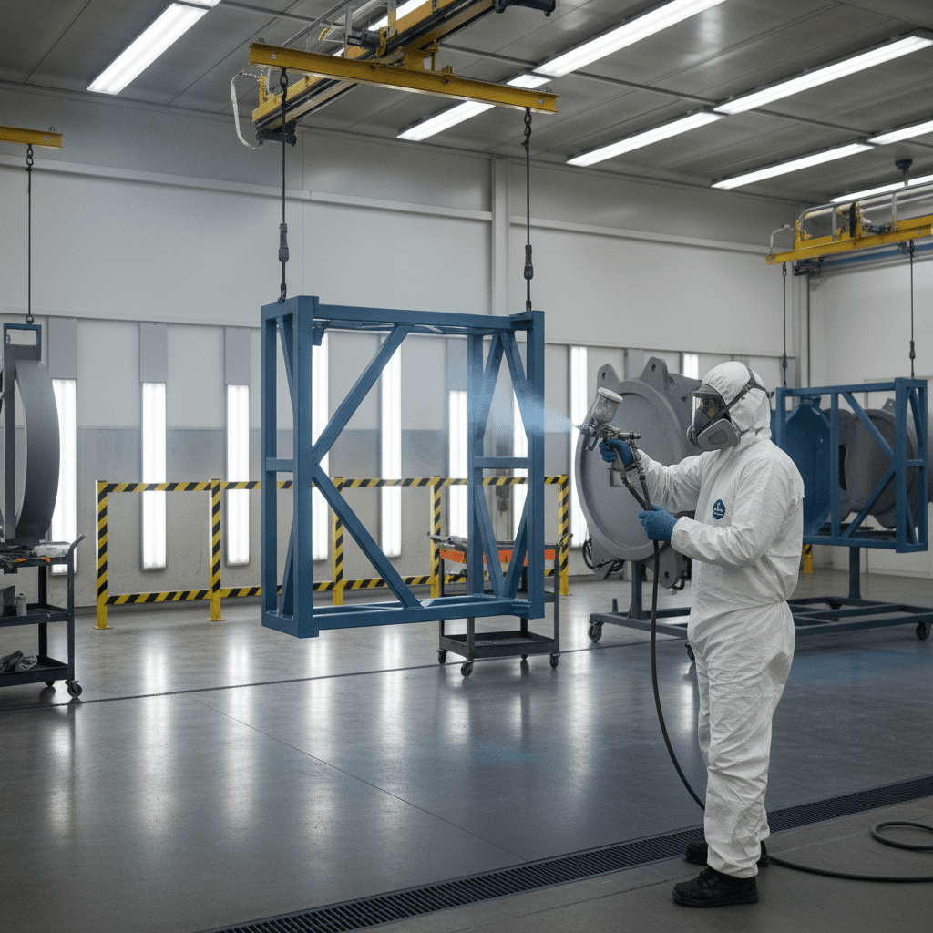 Electrostatic spray painting being applied to metal surface