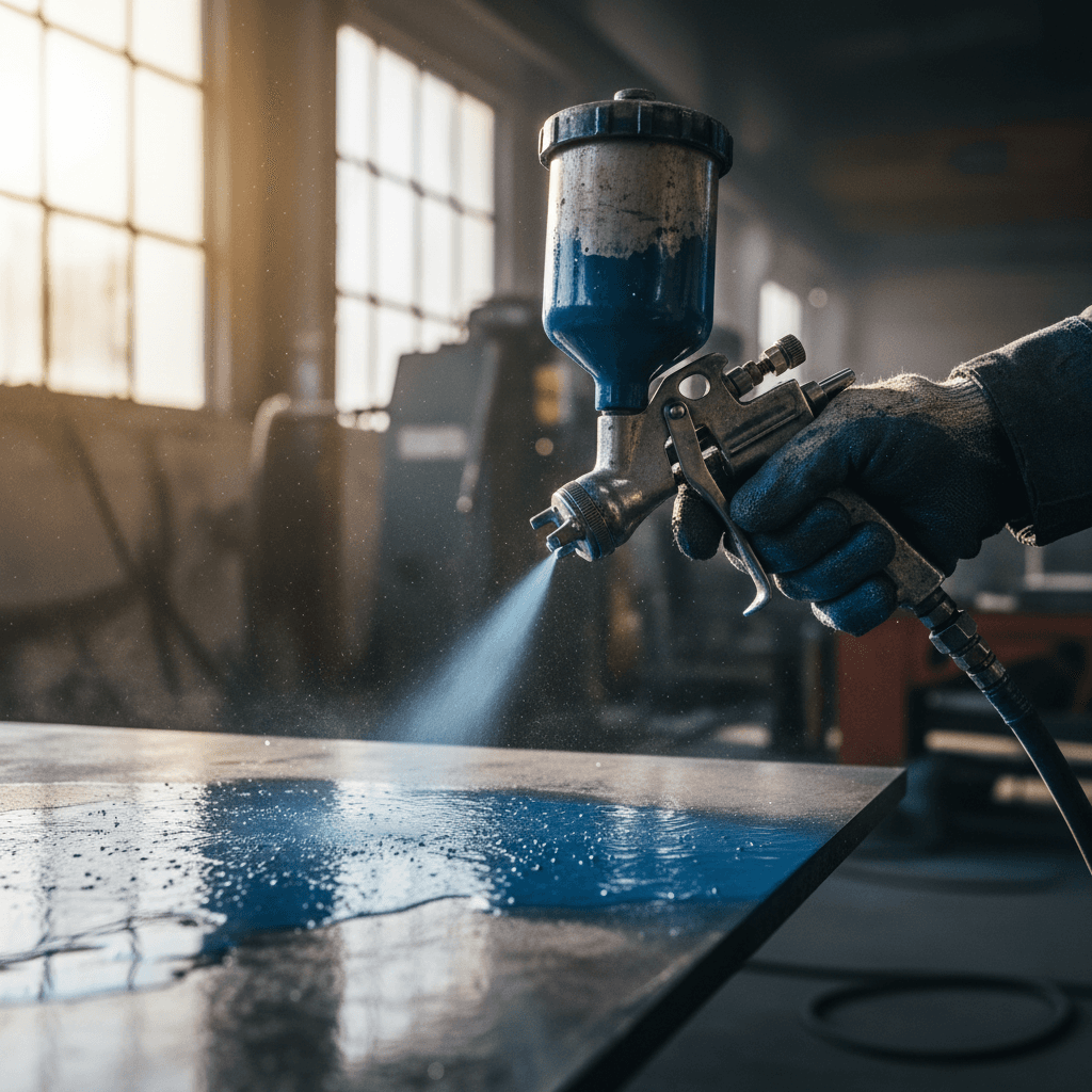 Electrostatic spray painting equipment in use